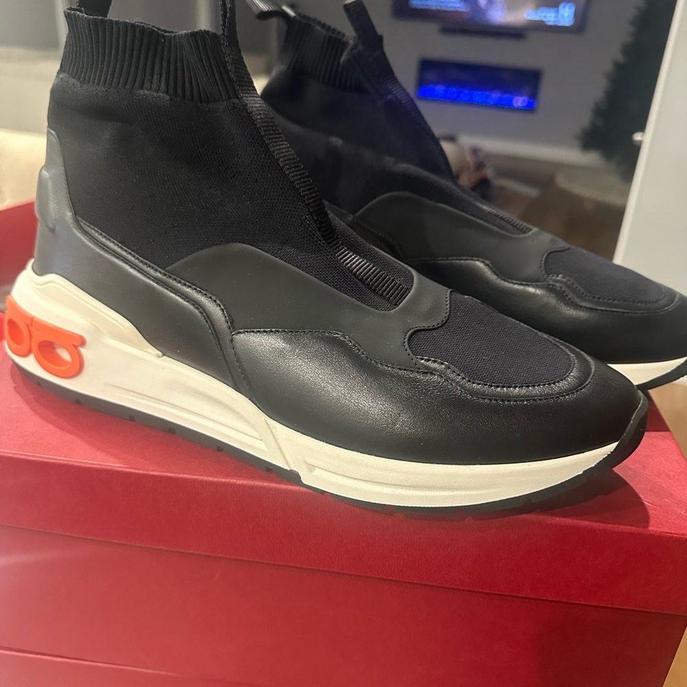 Salvatore Ferragamo Black and White High-Top Sock Sneakers with Orange Accent
